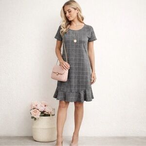 LOFT Women's Gray Pink Windowpane Plaid Ruffle Hem Shift Dress Size 0